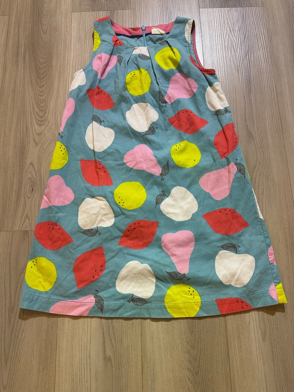Mini Boden Girls 9-10Y Teal Blue Corduroy Fruit Print Shift Pinafore Dress